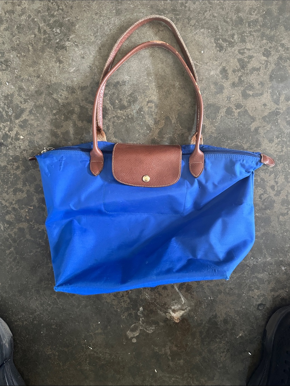 Longchamp La Pilage Blue Nylon Tote with Brown Leather Trim